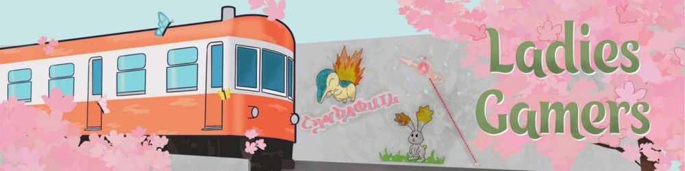 Ladiesgamers art banner, with a Cyndaquil and a Lopunny graffiti wall behind a train. Spring flowering trees frame the scene.