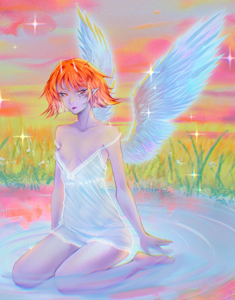 Girl with a shining sparkling wings sitting in a lake 