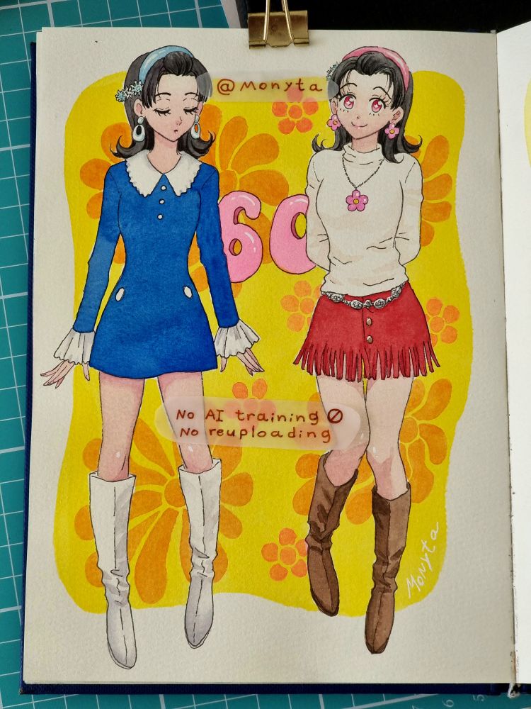 Two traditional watercolour sketches of Koyuki wearing 60s clothes and hairstyle.
