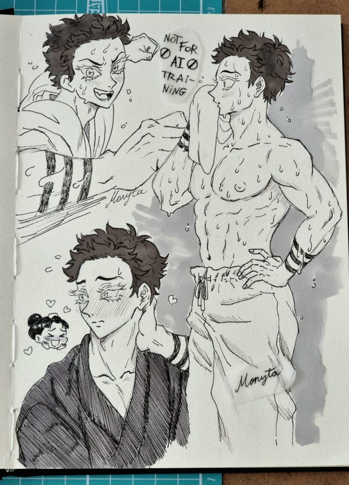 Three traditional sketches of Hakuji, training, wiping his sweat post training with a towel and top off and him wearing a yukata while blushing, a small chibi Koyuki is happily squealing in one corner.