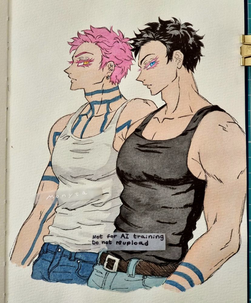 Traditional watercolour sketch of twin brothers Akaza and Hakuji au. Both on a side profile and dressed the same but Akaza has a white tank top with dark jeans on while Hakuji has a black tank top with light jeans on.