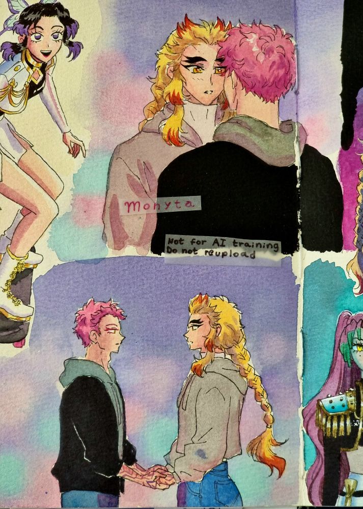 Two traditional watercolour sketches of Akaza and Kyojuro, wearing the outfits of Jinu and Rumi from the scenes of the song Free.