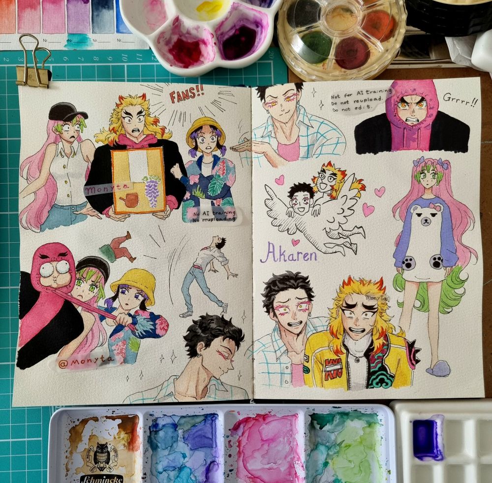 Several traditional watercolour sketches of Kyojuro, Akaza, Shinobu and Mitsuri as characters of the Kpop Demon Hunters movie,  on two open pages of a small sketchbook.