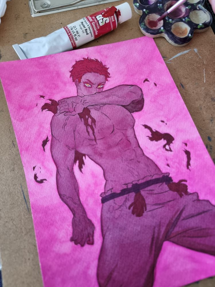 Wip. Same picture but only Akaza and the bright pink background have been painted. A final layer of paint is still missing as well as the black smoke and his tattoos.