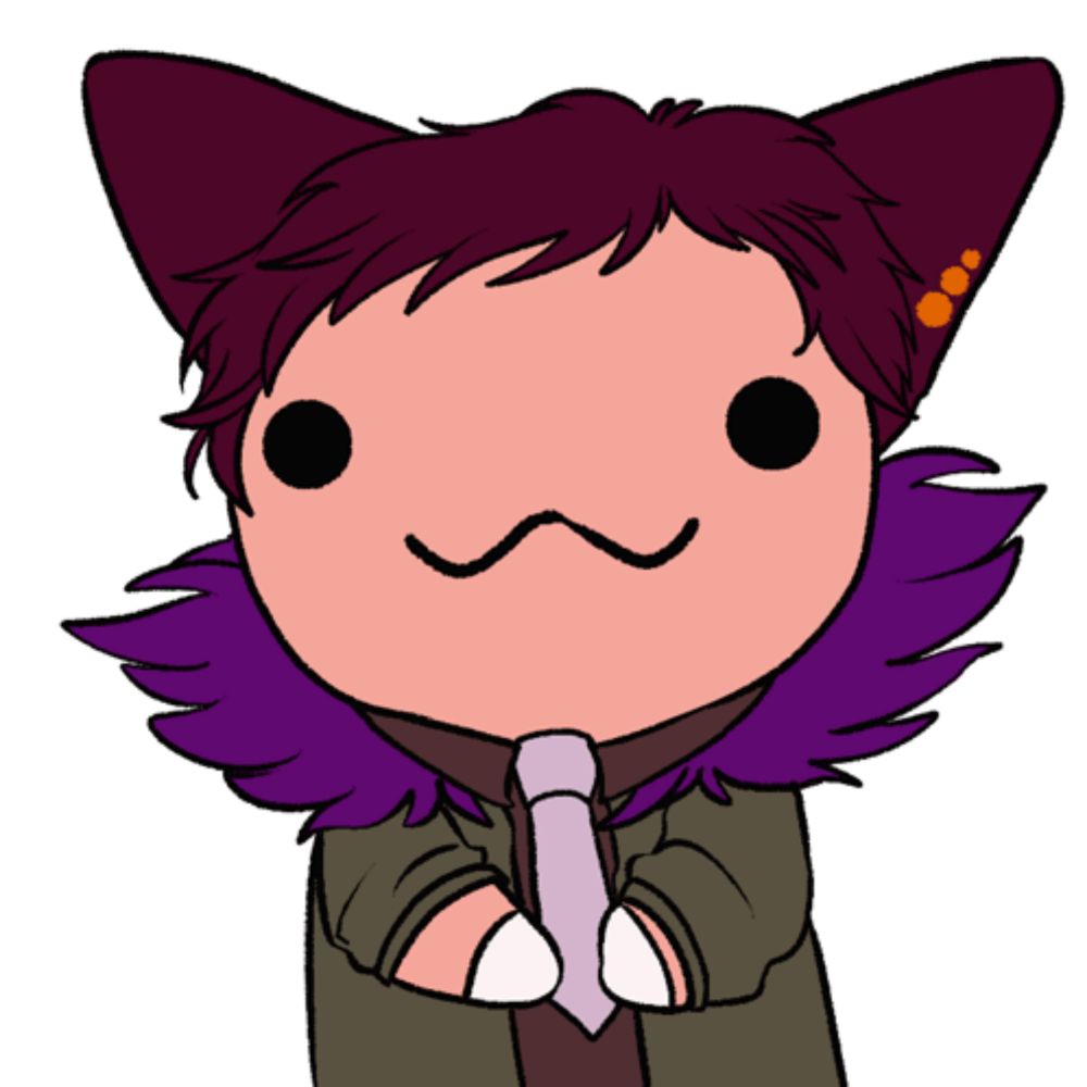 a cartoon drawing of a person with purple hair