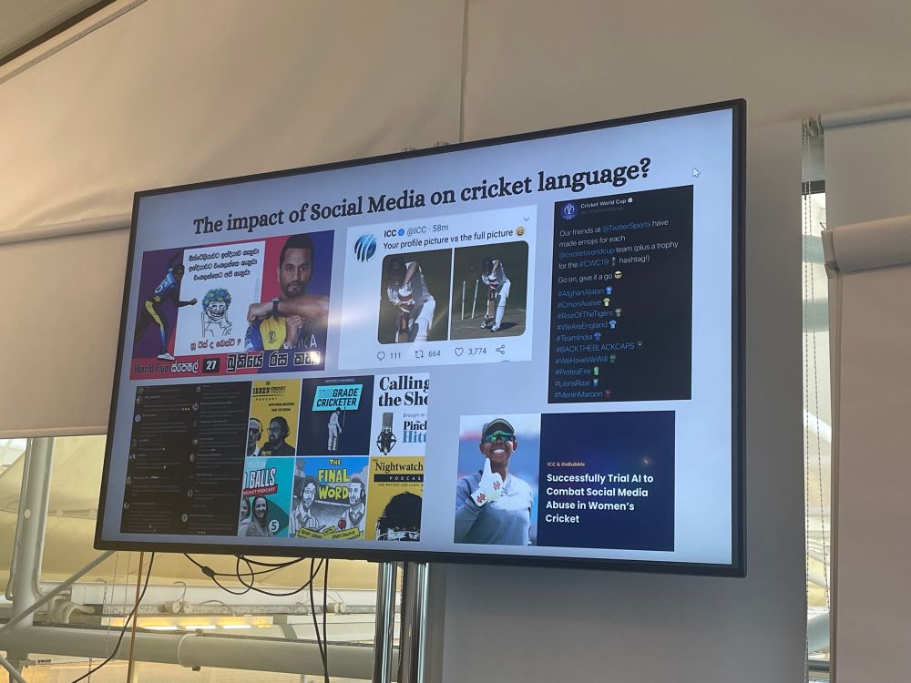A PowerPoint slide entitled “the impact of social media on cricket language?” with some Facebook and Twitter memes screenshotted.