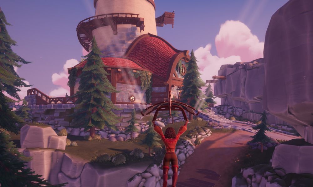 screenshot from the game "palia". showing my character gliding towards a lighthouse with some beautiful scenery