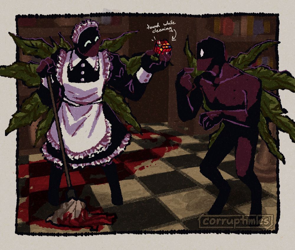A drawing of two Bracken from Lethal Company, with one wearing a maid uniform, holding out a dirty Rubiks Cube she found to the other. The maid Bracken is currently mopping up a blood trail that comes from employees killed and dragged away by Bracken in the original game. 