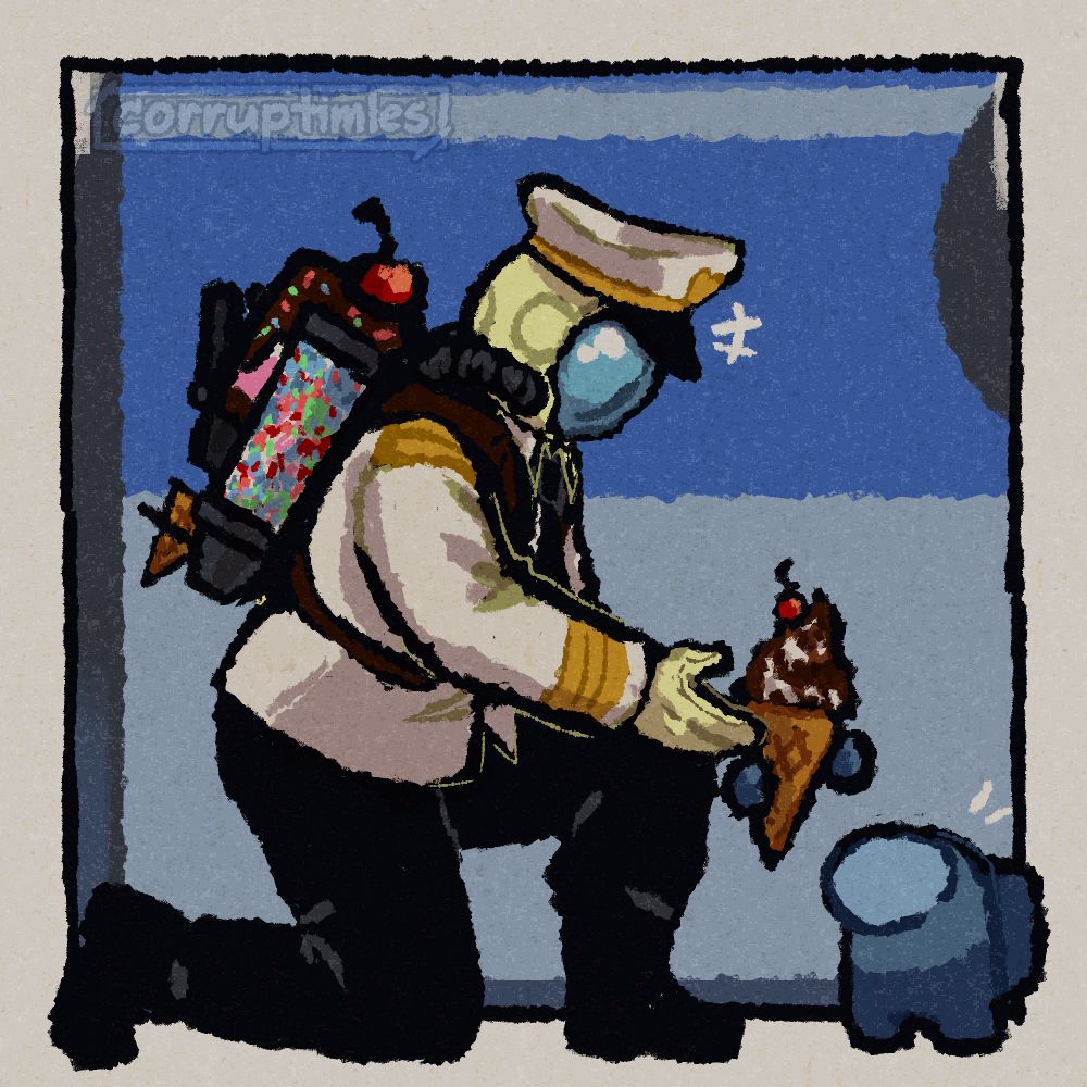 A drawing of an astronaut in a pale yellow spacesuit and white captain's uniform, gifting ice cream to a mini blue Among Us crewmate. Instead of an oxygen tank, the astronaut is wearing something more resembling an ice cream machine on his back. 