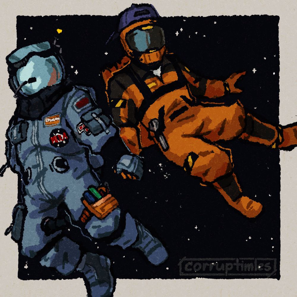A drawing of two Among Us crewmates, one blue and the other orange, holding hands in outer space. Both are wearing belts full of tools, the blue one having more pockets and wearing safety goggles while the orange wears something more resembling a welding helmet and engineering uniform. 