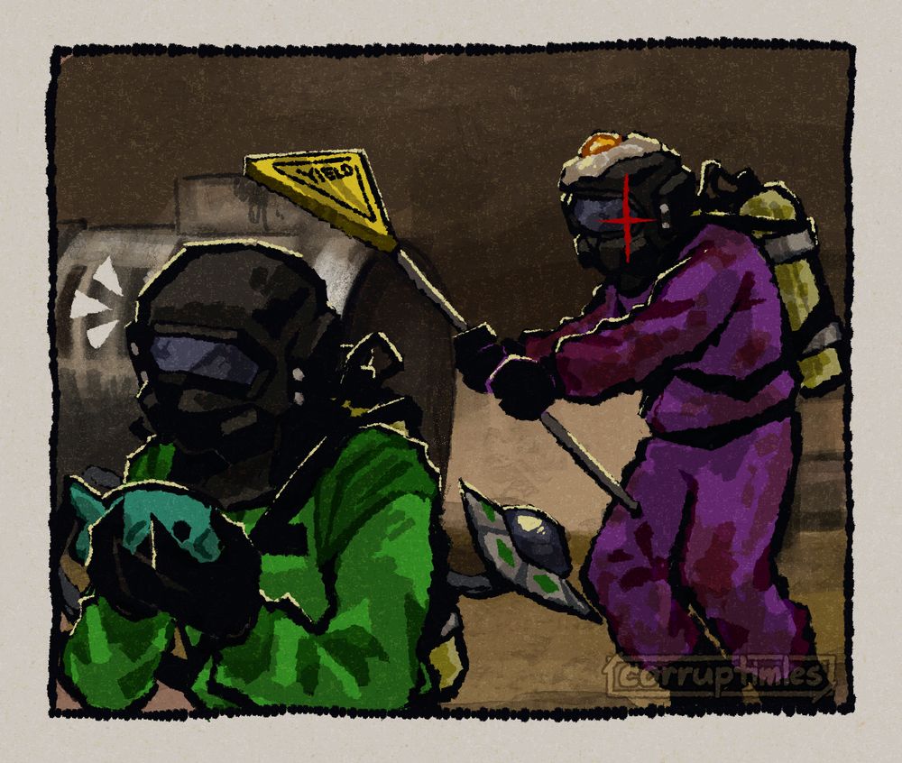A drawing of two Lethal Company employees, one purple and the other green. The purple one has an egg on their head and is about to hit the green one with a yield sign. There's a red shine on their helmet like that of an Imposter from Among Us. The green employee is happily holding a toy plastic fish they found, unaware of the danger. He has a tail that resembles a small U.F.O. at the end of it. 