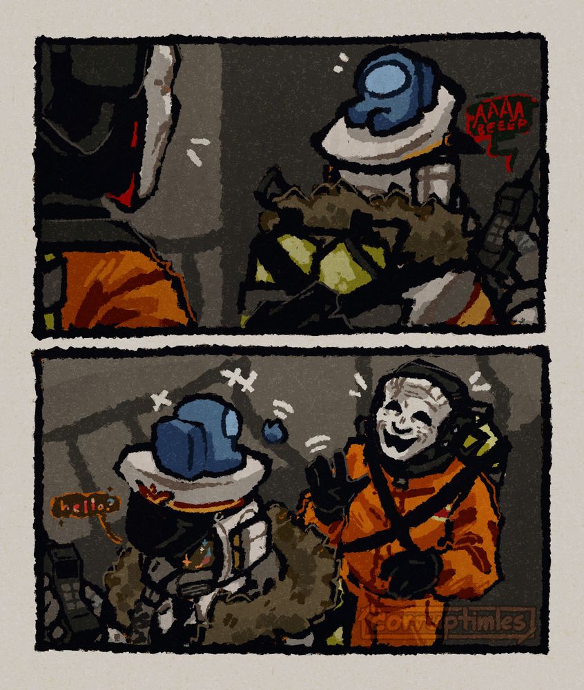 A two panel comic of a Masked from Lethal Company sneaking up behind an employee that more resembles an astronaut, talking to a broken phone. There's a mini blue Among Us crewmate on the employee's hat that waves to the Masked which waves back. 