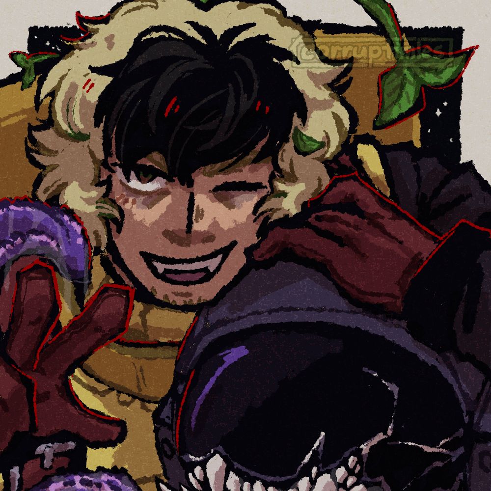 A drawing of two Among Us crewmates, one in yellow and the other black, drawn from shoulders up. The yellow one doesn't wear a helmet, has pale skin, blonde and black fluffy hair, brown eyes with eyebags, and sharp teeth. He's happily resting on top of black, resting a hand over his helmet and making a peace sign with the other. Leaves are sprouting out of his hair. The black one's helmet is cracked to reveal several layers of sharp teeth, smiling with a long purple tongue. 