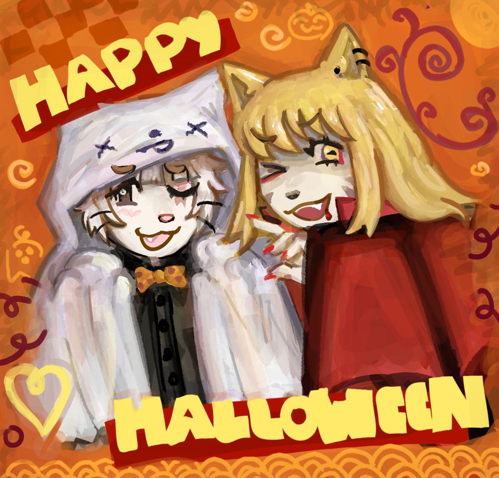 two cat anthros dressed for halloween. one is a calico with white fur and hair under a ghost sheet and the other is an offwhite tabby with long blonde hair wearing a vampire costume. 