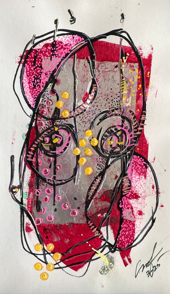 Acrylic paint and candy wrapper foil. Magenta, pink, black and yellow. Organic curved lines with stippling dots of accent colors. 