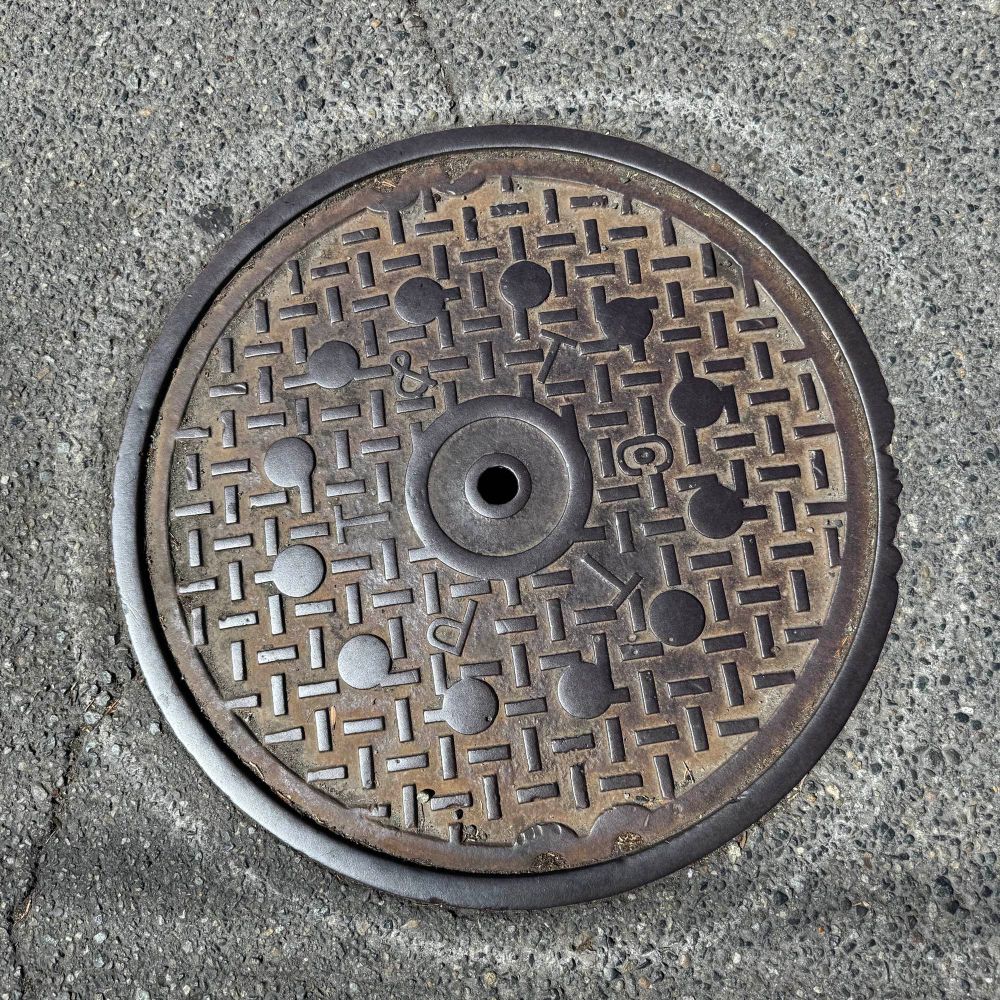 Round iron cover with a hashmark pattern, a ring of circles over the marks, concentric rings around a hole at its center and a ring of letters, “T P T & T Co.”