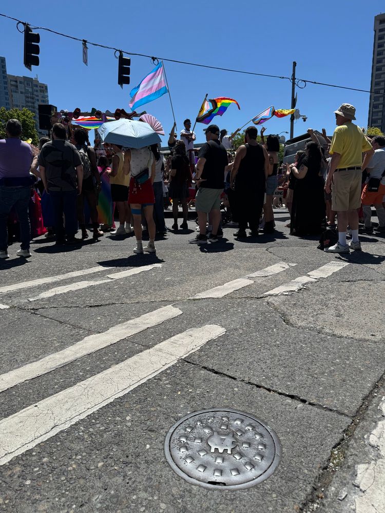 Well worn round iron cover with a C and M design at its center, surrounded by worn raised square studs. In the background, Seattle’s LGBTQ parade is happening, only visible through the crowds of spectators thanks to the rainbow Pride and transgender pride flags waved by parade marchers. 