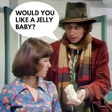 The 4th Doctor offering Sarah Jane Smith a Jelly Baby. 