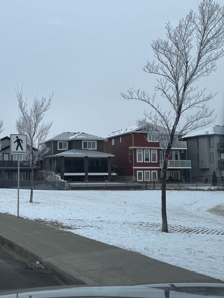 Snow of the ground with houses in the background 