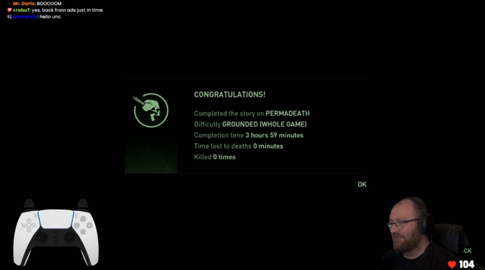 A screenshot from my stream with the Grounded Permadeath completion screen showing 0 deaths in 3 hours 59 minutes
