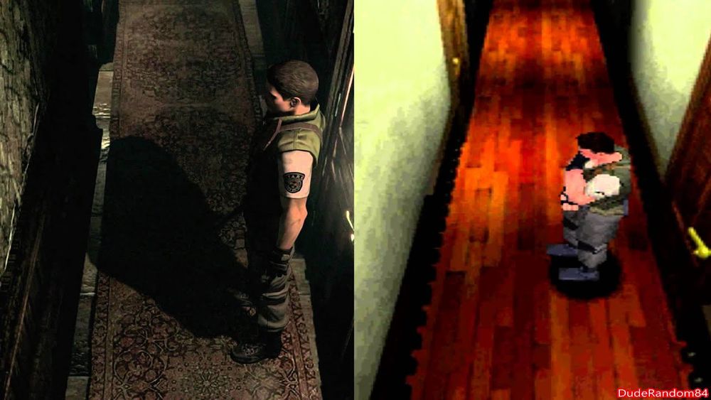 Side by side images of Chris Redfield in the west hallway of the Spencer Mansion in the original and remade Resident Evil. The remake is much closer to photorealistic with detailed lighting and shadow, where the original is polygonal with static lighting and a circle underneath the character as a shadow.