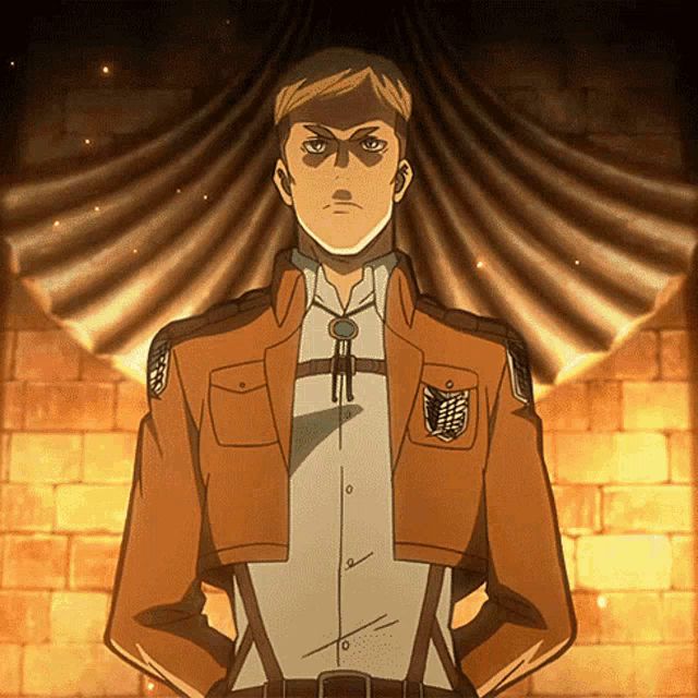 a man in a brown jacket and white shirt with a badge on his chest
