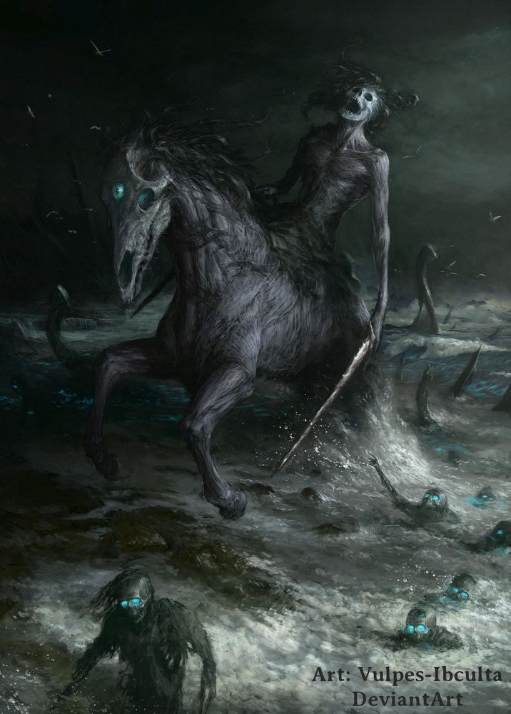 A horrifying creature emerging from the waves, among swarms of ocean zombies. The creature looks like a man riding a horse but is a single entity. Both the horse and human faces look like skills, and a single blue eye burns in the horse's forehead. The creature has no skin and is all visible muscle.
