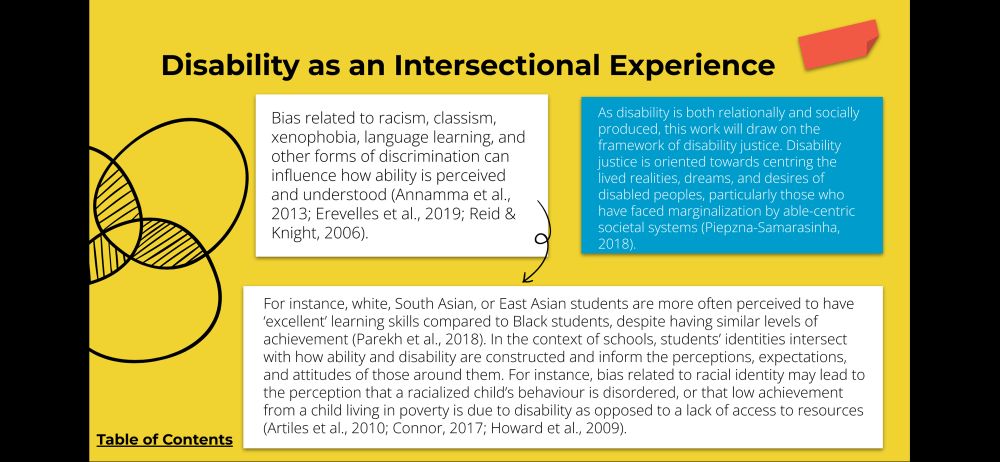 Disability as an Intersectional Experience
Bias related to racism, classism, xenophobia, language learning, and other forms of discrimination can influence how ability is perceived and understood (Annamma et al., 2013; Erevelles et al., 2019; Reid & Knight, 2006).

As disability is both relationally and socially produced, this work will draw on the framework of disability justice. Disability justice is oriented towards centring the lived realities, dreams, and desires of disabled peoples, particularly those who have faced marginalization by able-centric societal systems (Piepzna-Samarasinha,
2018).

For instance, white, South Asian, or East Asian students are more often perceived to have “excellent” learning skills compared to Black students, despite having similar levels of achievement (Parekh et al., 2018). In the context of schools, students' identities intersect with how ability and disability are constructed and inform the perceptions, expectations, and attitudes of those around them. For instance, bias related to racial identity may lead to the perception that a racialized child's behaviour is disordered, or that low achievement from a child living in poverty is due to disability as opposed to a lack of access to resources (Artiles et al., 2010; Connor, 2017; Howard et al., 2009).