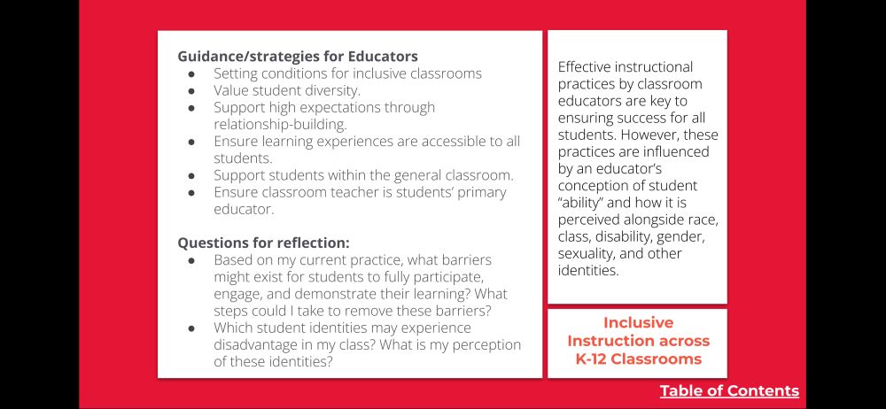Inclusive Instruction across K-12 Classrooms:

Effective instructional practices by classroom educators are key to ensuring success for all students. However, these practices are influenced by an educator's conception of student "ability" and how it is perceived alongside race, class, disability, gender, sexuality, and other identities.

Guidance/strategies for Educators
Setting conditions for inclusive classrooms
• Value student diversity.
• Support high expectations through relationship-building.
• Ensure learning experiences are accessible to all students.
• Support students within the general classroom.
• Ensure classroom teacher is students' primary educator.

Questions for reflection:
• Based on my current practice, what barriers might exist for students to fully participate, engage, and demonstrate their learning? What steps could I take to remove these barriers?
• Which student identities may experience disadvantage in my class? What is my perception of these identities?