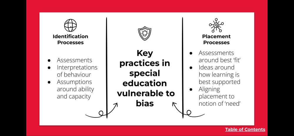Key practices in special education vulnerable to bias:

Identification
Processes
Assessments
Interpretations of behaviour
Assumptions around ability and capacity

Placement Processes
Assessments around best 'fit'
Ideas around how learning is best supported
Aligning placement to notion of 'need'