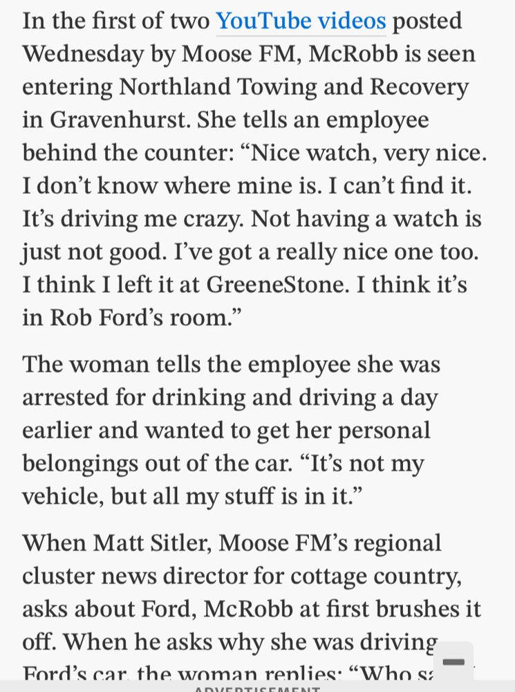 In the first of two YouTube videos posted Wednesday by Moose FM, McRobb is seen entering Northland Towing and Recovery in Gravenhurst. She tells an employee behind the counter: 