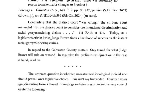 From the ruling: 

Concluding that the district court "was wrong," the en banc court remanded "for the district court to consider the intentional discrimination and racial gerrymandering claims . ..." 11l F.4th at 614. Today, as a legislator/activist jurist, Judge Brown finds a likelihood of success on the instant racial gerrymandering claims.
In regard to the Galveston County matter: Stay tuned for what Judge Brown will rule on remand. In regard to the preliminary injunction in the case at hand, read on.
****•