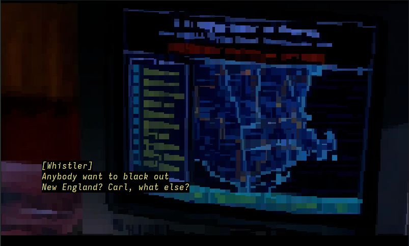 A screenshot from the movie "Sneakers" rendered in surprisingly high quality on a terminal emulator.

A computer screen can be seen with a map of the New England states, with some illegible labels and menu items.

Subtitles in italic light yellow on black read

[Whistler]
Anybody want to black out
New England? Carl, what else?