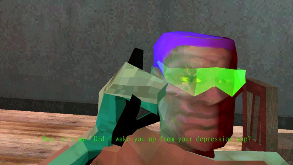 A screenshot from Cruelty Squad. A low-poly person is holding a phone up to their head. The colours are sickly and grotesque. The subtitle reads "Hey, it's mre. Did you wake up from your depression nap?".