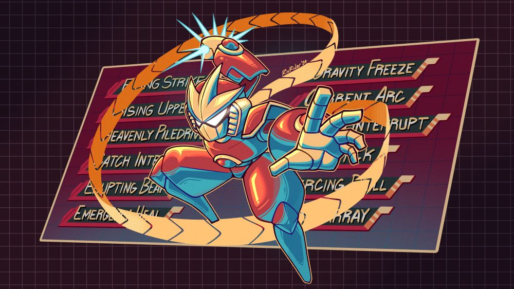 An illustration of Kai from Gravity Circuit posing and gathering energy in his fist in celebration of the game's first anniversary. His scarf trail forms the shape of a G behind him. He floats in front of a screen listing several different Burst Techniques.