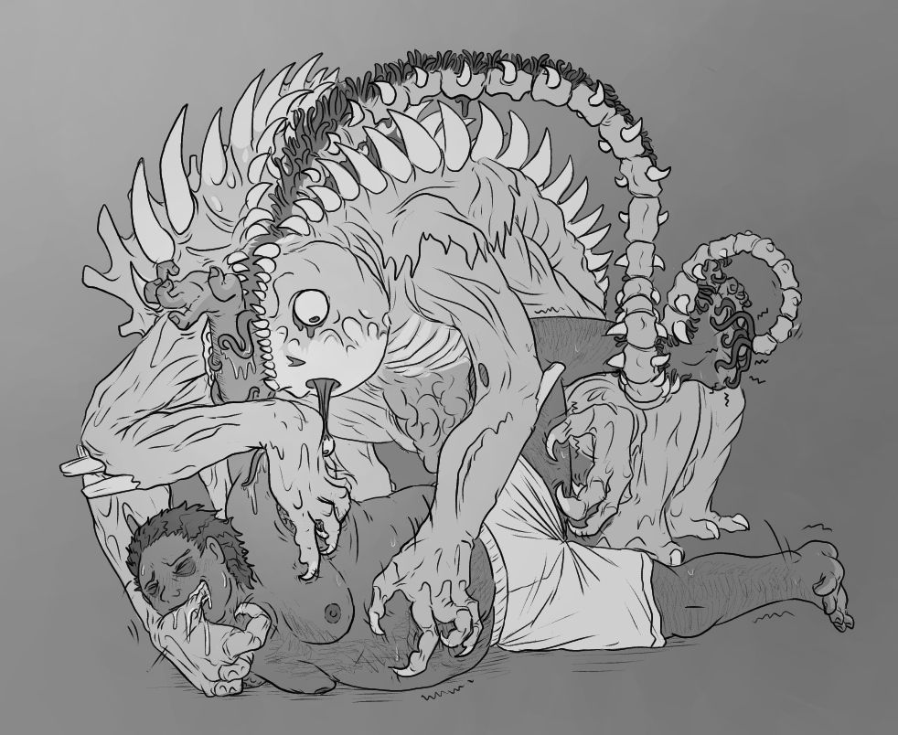 A very similar image as the first, almost a key frame, showing a slightly advanced state of stimulation.

Sam's eyes are now squeezed tightly shut as his head is pulled a little further back, tongue retracted. Spine's thumb pressed deeper into his throat as he bites down somewhat hard on it. Her finger scratches at his neck even more fervently.

She's pulled his arm a little higher as the hand tickling his breast lightly traces along its underside to his armpit to focus attention there. The hand tormenting his side has likewise shifted downward, claws dancing playfully just above his bellybutton.

The hand on his thigh has slid from its inner surface down to the vastly more sensitive underside, claws slowly working their way up towards the inside of his groin but stopping just short. The spinal tendrils continue to fiddle with his foot, pulling the big toe even further back so his sole is more taut to tease.

His free leg kicks out, helplessly, as she continues to overwhelm him.

It's only been about 30 minutes... she could go for a couple more hours. Nobody outside will notice him missing for several more minutes...