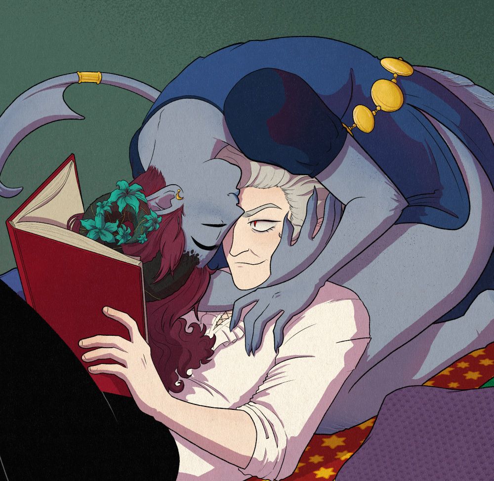 Tac Rorissa kissing Astarion on the forehead while he tries to read a book. He is using her legs as a pillow