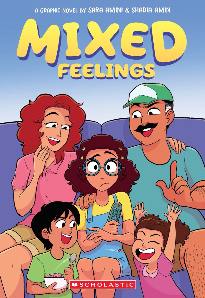 Cover for the graphic novel Mixed Feelings, written by Sara Amini and drawn by Shadia Amin. Published by scholastic and coming out on April 7 2026. It depicts Sara in the center, surrounded by her parents, and siblings