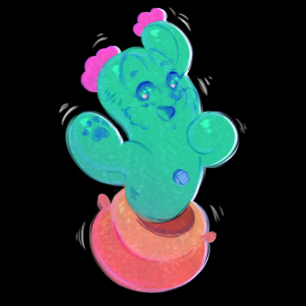 Adorable chibi-art of an inflatable cactus with a printed-on coyote face & pawprints, smiling toward camera.