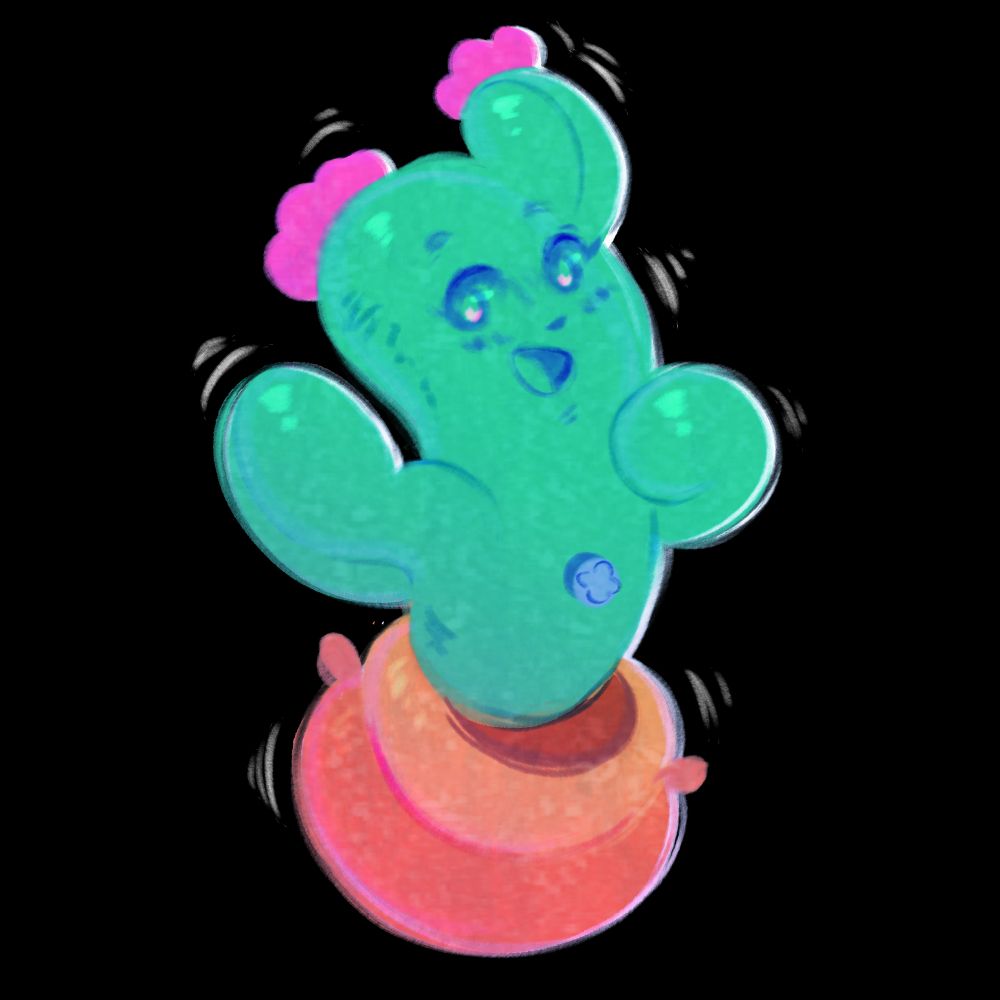 Adorable chibi-style art of an inflatable cactus, smiling toward camera.