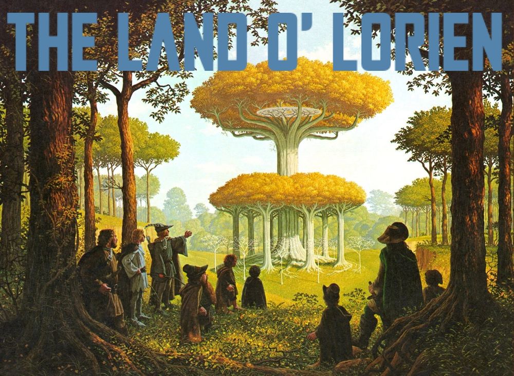 A picture of Lothlórien by the Hildebrandt Brothers with the words "THE LAND O' LORIEN" superimposed on them in "THE MANDALORIAN" font