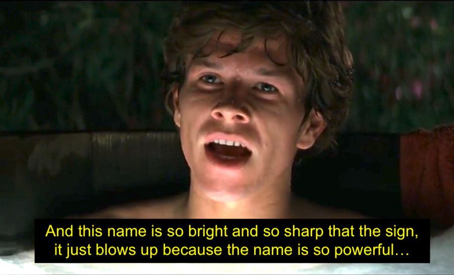 Dirk Diggler in a hot tub saying "And the name is so bright and so sharp that the sign, it just blows up because the name is so powerful..."