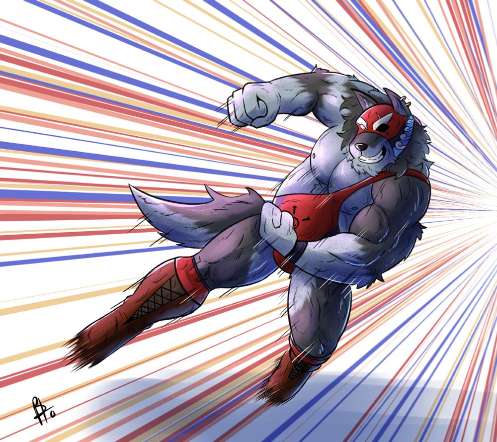 A muscular chubby gray wolf dressed in a red pirate themed luchador outfit going for a shoulder tackle