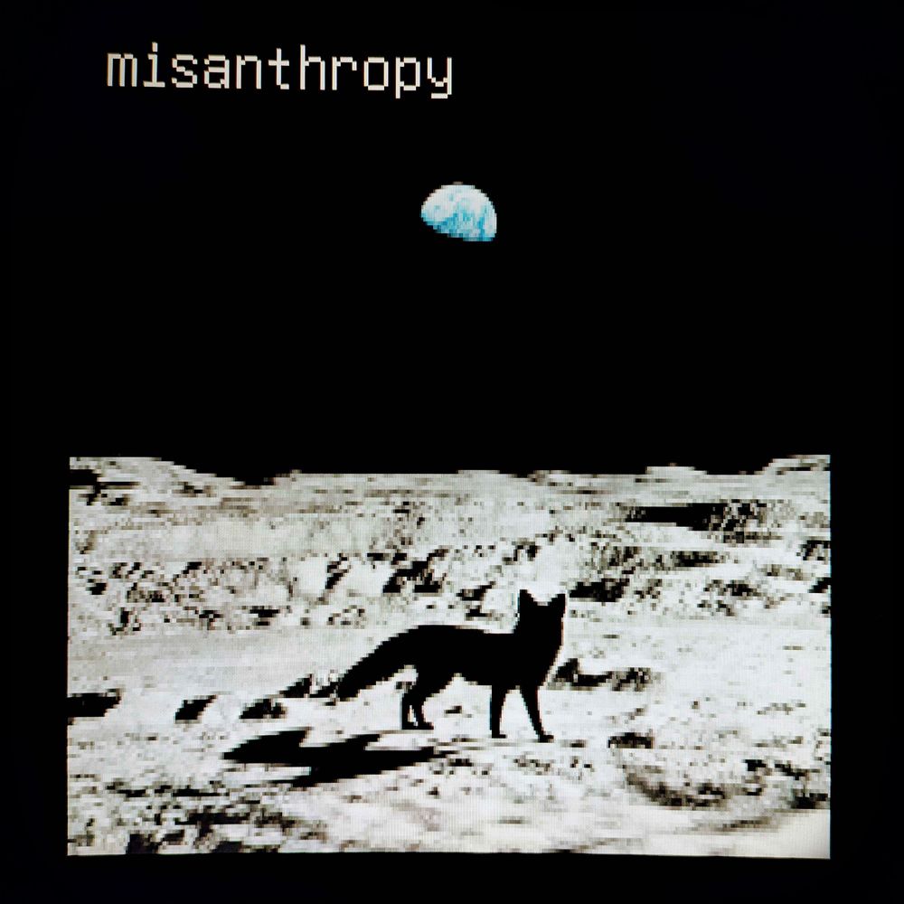 Fuzzy and pixelated image of the moon's surface with a fox standing in the middle of the frame, the harsh light of the sun showing only the animal's silhouette, and the earth floating up in the deep black sky. The image is captioned "misanthropy"