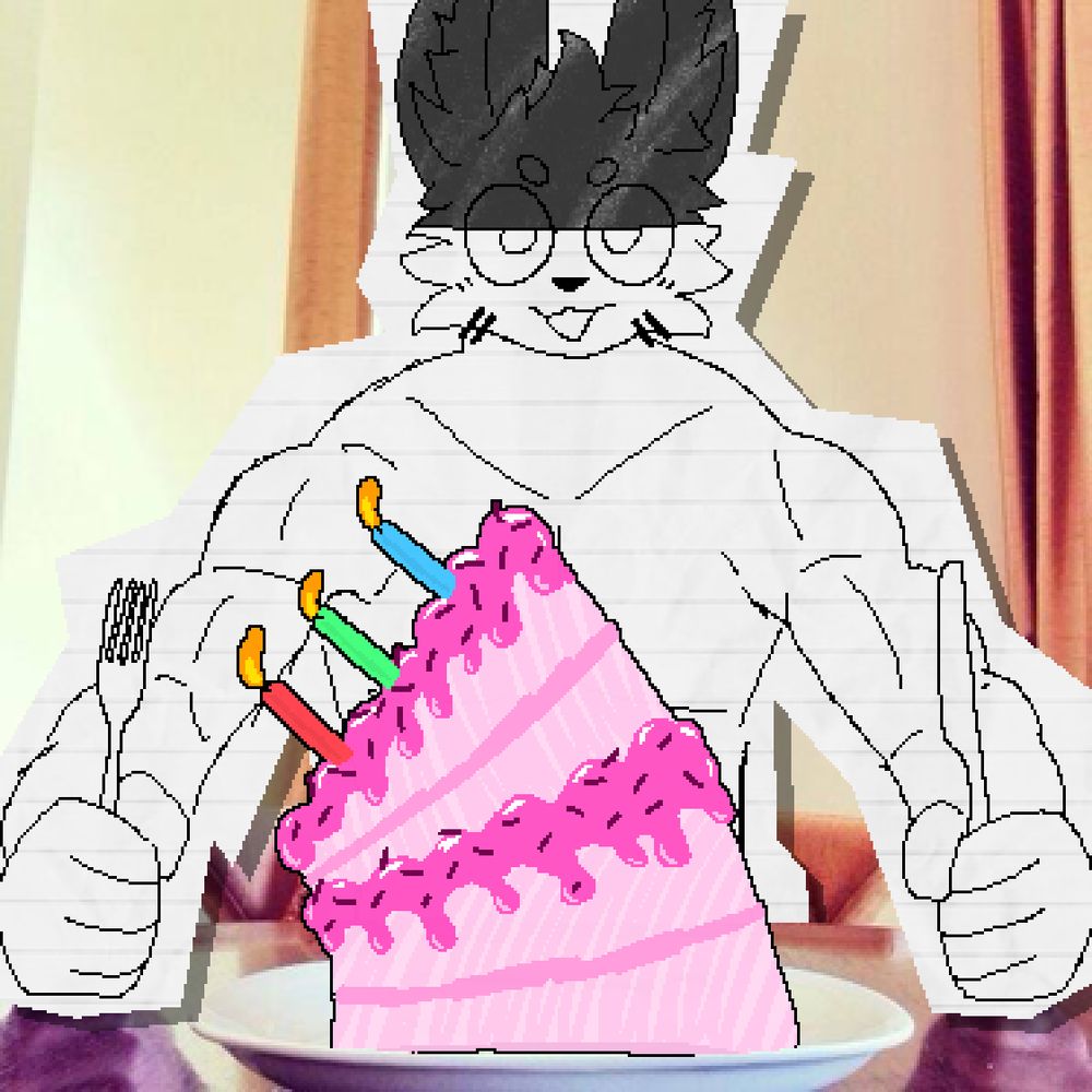 Drawing of Fringe's character, over that meme of The Rock about to eat something, with a big lopsided pink cake