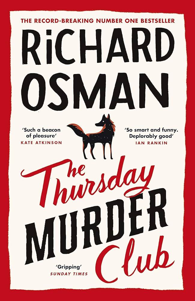 Cover of The Thursday Murder Club by Richard Osman. Bold black and red typography on a cream background with a small black fox illustration.