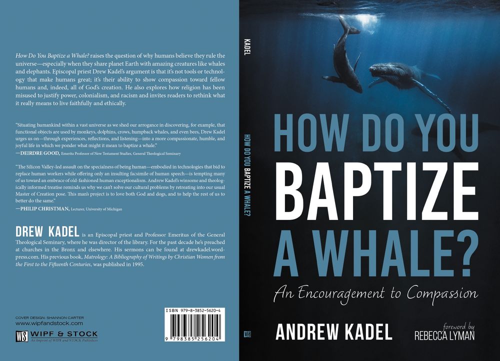 How Do You Baptize a Whale? raises the question of why humans believe they rule the
universe-especially, when they, share planet Earth with amazing creatures like whales and elephants. Episcopal priest Drew Kadel’s argument is that it’s not tools or technology that make humans great; it’s their ability to show compassion toward fellow humans, and indeed all of God’s creation. He also explores how religion has been misused to justify power, colonialism and racism and invites readers to rethink what it really means to live faithfully and ethically.

"S1tuatmg humankind within a vast universe as we shed our arrogance in discovering, for example, that functional objects are used by monkeys, dolphins, crows, humpback whales, and even bees, Drew Kadel urges us on—through experiences, reflections and listening—into a more compassionate and joyful life in which we ponder what might it mean to baptize a whale.”
-DEIRDRE GOOD, Emerita Professor of New Testament Studies, General Theologica! Seminary

"The Silicon Valley-led assault on the specialness of being human-embodied in technologies that bid to replace human workers while offering only: an insulting facsimile of human speech—is tempting many of us toward an embrace of old-fashioned human exceptionalism. Andrew Kadel's winsome and theologically informed treatise reminds us why we can't solve our cultural problems by retreating into our usual Master of Creation pose. This man’s project is to love both God and dogs, and to help the rest of us to better do the same.”
-PHILIP CHRISTMAN, Lecturer, University of Michigan

DREW KADEL is an Episcopal priest and Professor Emeritus of the General Theological Seminary, where he was director of the library. For the past decade he's preached
at churches in the Bronx and elsewhere. His sermons can be found at drewkadel.wordpress.com. His previous book, Matrology: A Bibliography of Writings by Christian Women from the First to the Fifteenth Centuries, was published in 1995.


