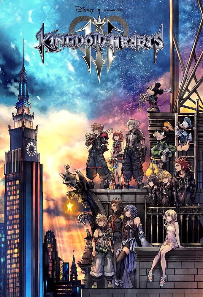 The box art for Kingdom Hearts 3. The cast of Sora, Donald Duck, Goofy, Kairi, Riku, Mickey Mouse, Roxas, Axel, Xion, Namine, Terra, Ventus, and Aqua, on top of building looking at the sunset with a clocktower in the background.