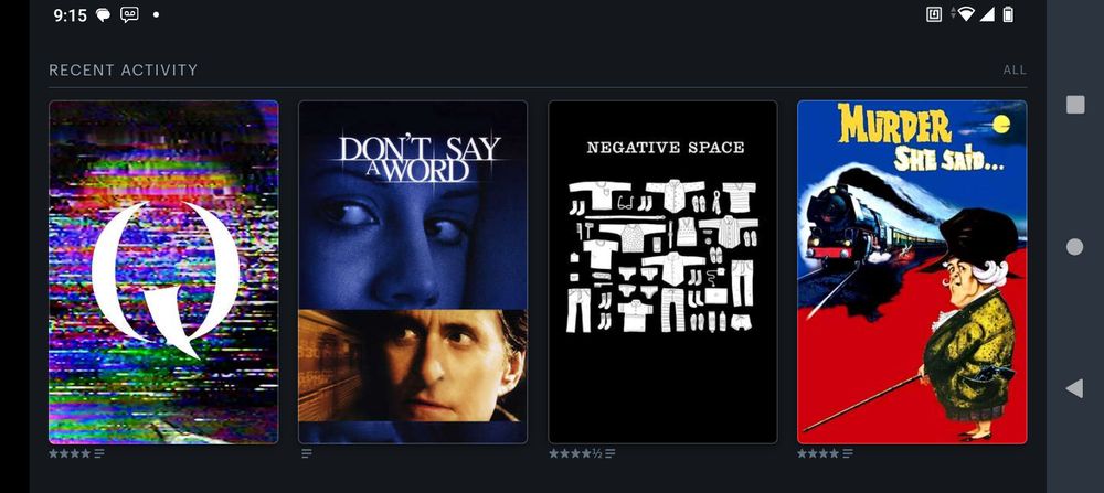 Screenshot of user TubaPeter's Letterboxd profile showing the last four movies he watched. They are FAKE DOCUMENTARY Q: LOST VIDEO, DONT WAY A WORD, NEGATIVE SPACE, and MURDER SHE SAW.