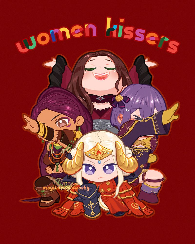 An illustration of Edelgard, Petra, Bernadetta, and Dorothea (5 years later) posing in dramatic stances with the text "women kissers" above them.
